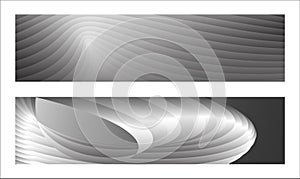 Monochrome cover design, abstract background. Wavy silver parallel gradient lines, ribbons, silk. Set of 2 backgrounds