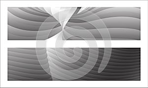 Monochrome cover design, abstract background. Wavy silver parallel gradient lines, ribbons, silk. Set of 2 backgrounds