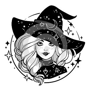 Monochrome cute witch wearing hat with stars