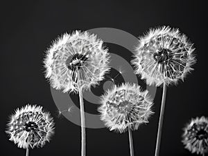 Monochrome Dandelion Art: Flat Color Graphics of Fluffy Seeds Dispersing