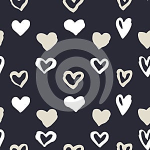 Monochrome dark blue and beige romantic seamless pattern with sketchy heart stripes