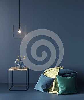 Monochrome dark blue interior with minimalistic wooden table and poufs