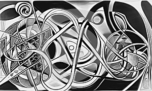Monochrome digital amaze: surreal black and white 3D rendered entwined abstract labyrinth drawing, a dazzling intricate design