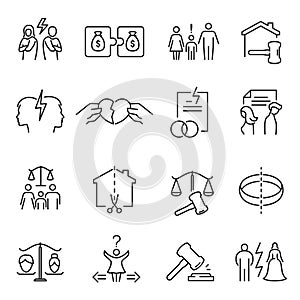 Monochrome divorce line icon set vector illustration. Simple logotype relationship trouble, conflict