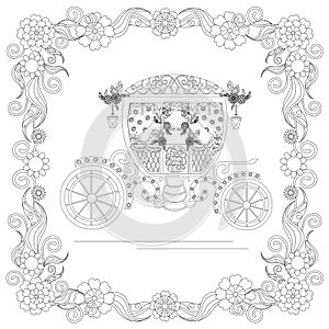 Monochrome doodle hand drawn carriage in floral frame. Anti stress