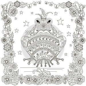 Monochrome doodle hand drawn frog with arrow in mouth, crown, stars flowers frame