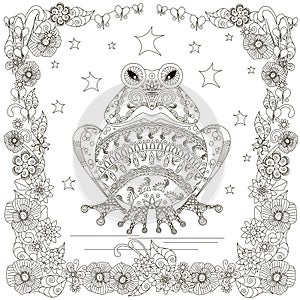 Monochrome doodle hand drawn frog, stars flowers frame. Anti stress