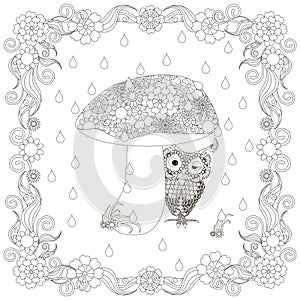 Monochrome doodle hand drawn owl under mushroom in flowers frame. Anti stress