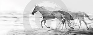 Monochrome, double exposure of wild horses in a captivating blur of motion.