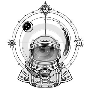 Monochrome drawing: animation Astronaut in a space suit, cosmic symbols.