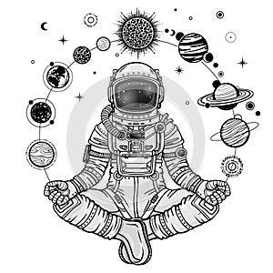 Monochrome drawing: animation Astronaut in a space suit holds planets of the solar system.