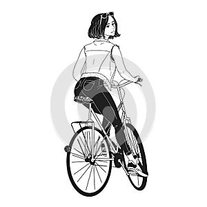 Monochrome drawing of gorgeous young woman riding bike. Girl dressed in stylish clothes sitting on bicycle hand drawn