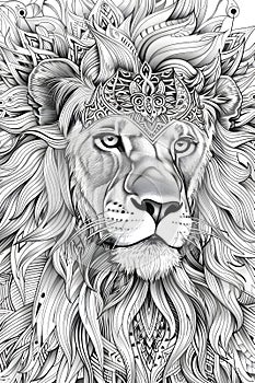Monochrome drawing of a Masai lion with a crown, showcasing Felidae art style