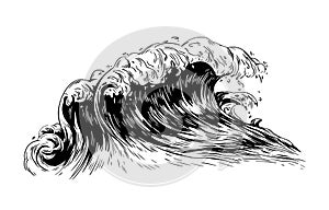 Monochrome drawing of sea or ocean wave with foaming crest. Oceanic storm, tide, seawave hand drawn with black contour photo