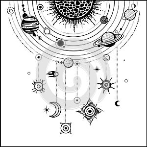 Monochrome drawing: stylized Solar system, orbits, planets, space structure.