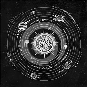 Monochrome drawing: stylized Solar system, orbits, planets, space structure.
