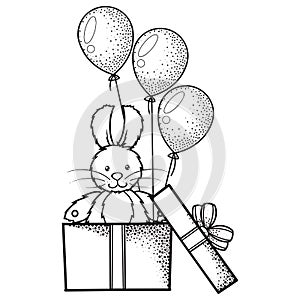 Monochrome drawing, toy bunny in a gift box with balloons on a transparent backgroun