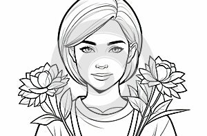 Monochrome drawing of a woman with a floral bouquet