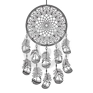 Monochrome Dream Catcher detailed hand drawn with feathers and beads. Vector