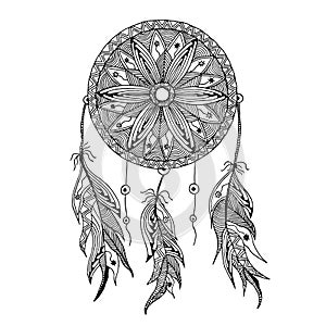 Monochrome dream catcher with feathers