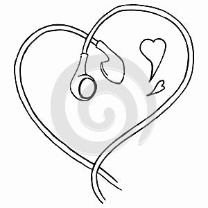 Monochrome earphones heart shaped love music line art isolated vector