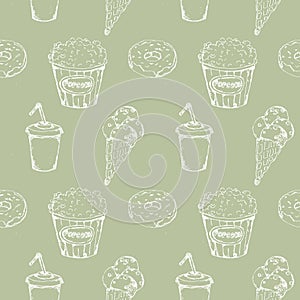 Monochrome fast food icons set seamless pattern