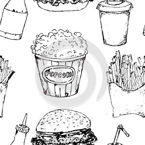 Monochrome fast food icons set seamless pattern