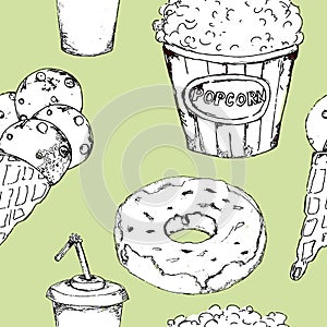 Monochrome fast food icons set seamless pattern