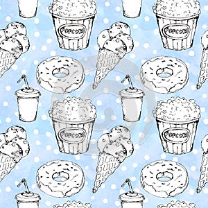 Monochrome fast food icons set seamless pattern