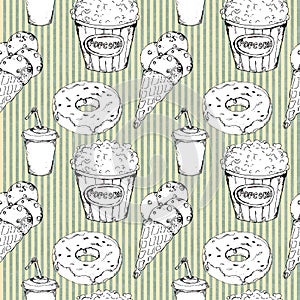 Monochrome fast food icons set seamless pattern