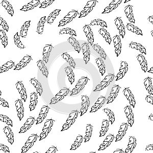 Monochrome feather pattern. Seamless sketch style design. Black outline on a white background. Repeat flying plume. textiles