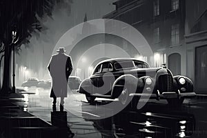 Monochrome film detective illustration with vintage cars, black and white noir detective. AI generated photo