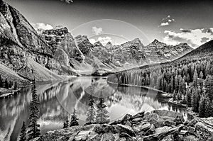 Monochrome filtered scenic view of Moraine lake, Rocky mountains