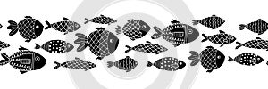 Monochrome fishes seamless vector border. Black on white doodle fish line art. Ocean animals repeating vector border.