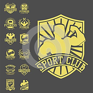 Monochrome fitness emblem design element gym sport club strong equipment silhouette vector illustration. photo