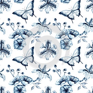 Monochrome floral seamless pattern with butterflies. Blue indigo iris flowers with cherry blossoms. Hand drawn watercolor
