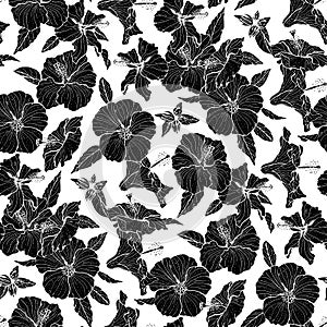 Monochrome floral seamless pattern with hand drawn hibiscus flowers on white background. Stock vector