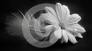 Monochrome Flower and Feather Close Up
