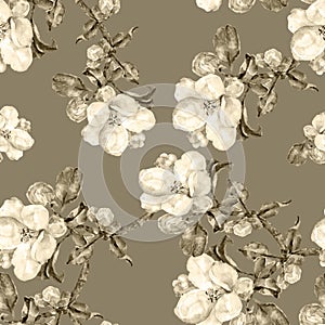 Monochrome Flowers Apple. Handiwork Watercolor Seamless Pattern on a Brown Background.