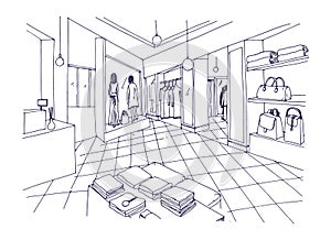 Monochrome freehand sketch of clothing showroom, boutique, trendy fashion store or apparel shop interior with shelving