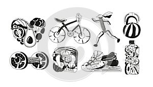 Monochrome Fruits And Vegetables In Shape Of Shoe, Heart, Bicycle, Running Sportsman, Dumbbell, Scales and Water Bottle