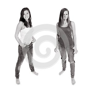 Monochrome full length portraits of two beautiful girls