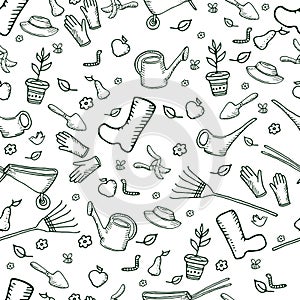 Monochrome funny garden seamless pattern, dark green color