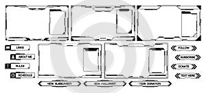 Monochrome Game Stream Panels. Twitch Streaming Overlay Frames For Gamers Leaderboard, Digital Screen