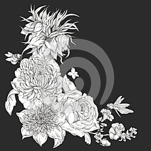 Monochrome gentle vintage floral illustration. Botanical flowers. Regency greeting card