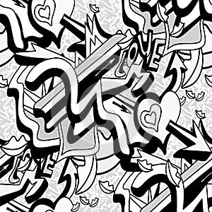 Monochrome graffiti lines and heart on a white background seamless pattern vector illustration