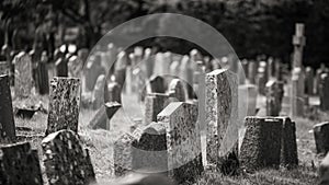 Monochrome graveyard with old headstones giving eerie feel