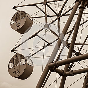 Monochrome. Great Ferris Wheel with round, colorful cabins with printed Animals. Located in Amanohashidate View Land, Miyazu,