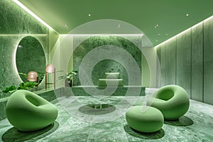 Monochrome green interior design with modern furniture and ambient lighting