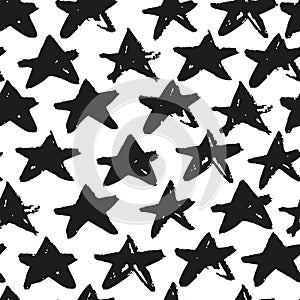 Monochrome grunge stars seamless pattern isolated on white background. Hand drawn paint brush backdrop
